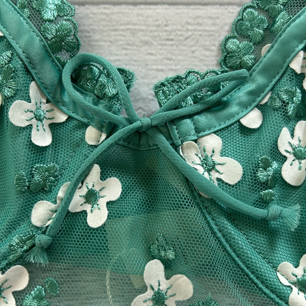 For Love & Lemons Daisy Embroidered Longline Bra Jade Teal White Size 38C - Picture 5 of 12